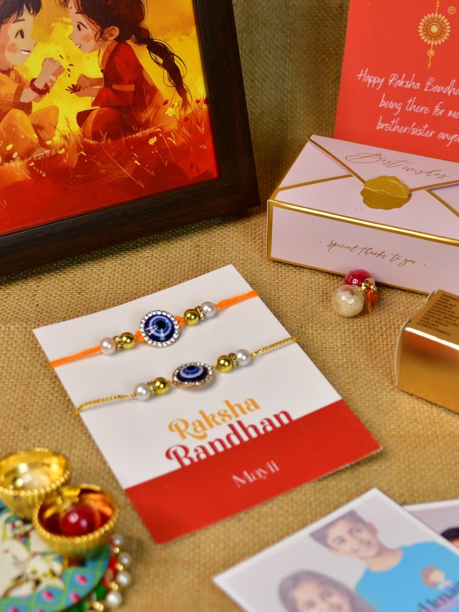 Sowpeace Exquisite Evil Eye Rakhi Pack of 1 with Roli Chawal Thali, Chocolates, Photo Frame, Poloroids and Greeting card combo for Raksha Bandhan and Gifting - Rakhi - Sowpeace - Default Title - RAK - EVI - HND - P7 - Sowpeace