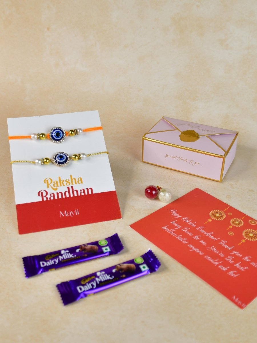 Sowpeace Exquisite Evil Eye Rakhi Pack of 1 with Roli Chawal Thali, two Chocolates, and Greeting card combo for Raksha Bandhan and Gifting