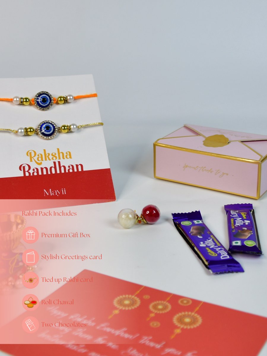 Sowpeace Exquisite Evil Eye Rakhi Pack of 1 with Roli Chawal Thali, two Chocolates, and Greeting card combo for Raksha Bandhan and Gifting