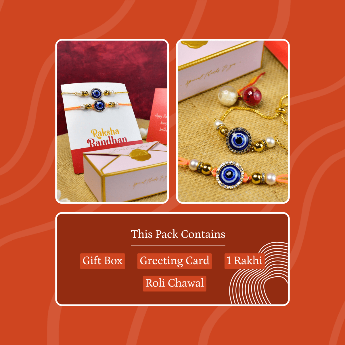 Sowpeace Exquisite Evil Eye Rakhi Pack of 2 with Roli Chawal and Greeting card combo for Raksha Bandhan and Gifting