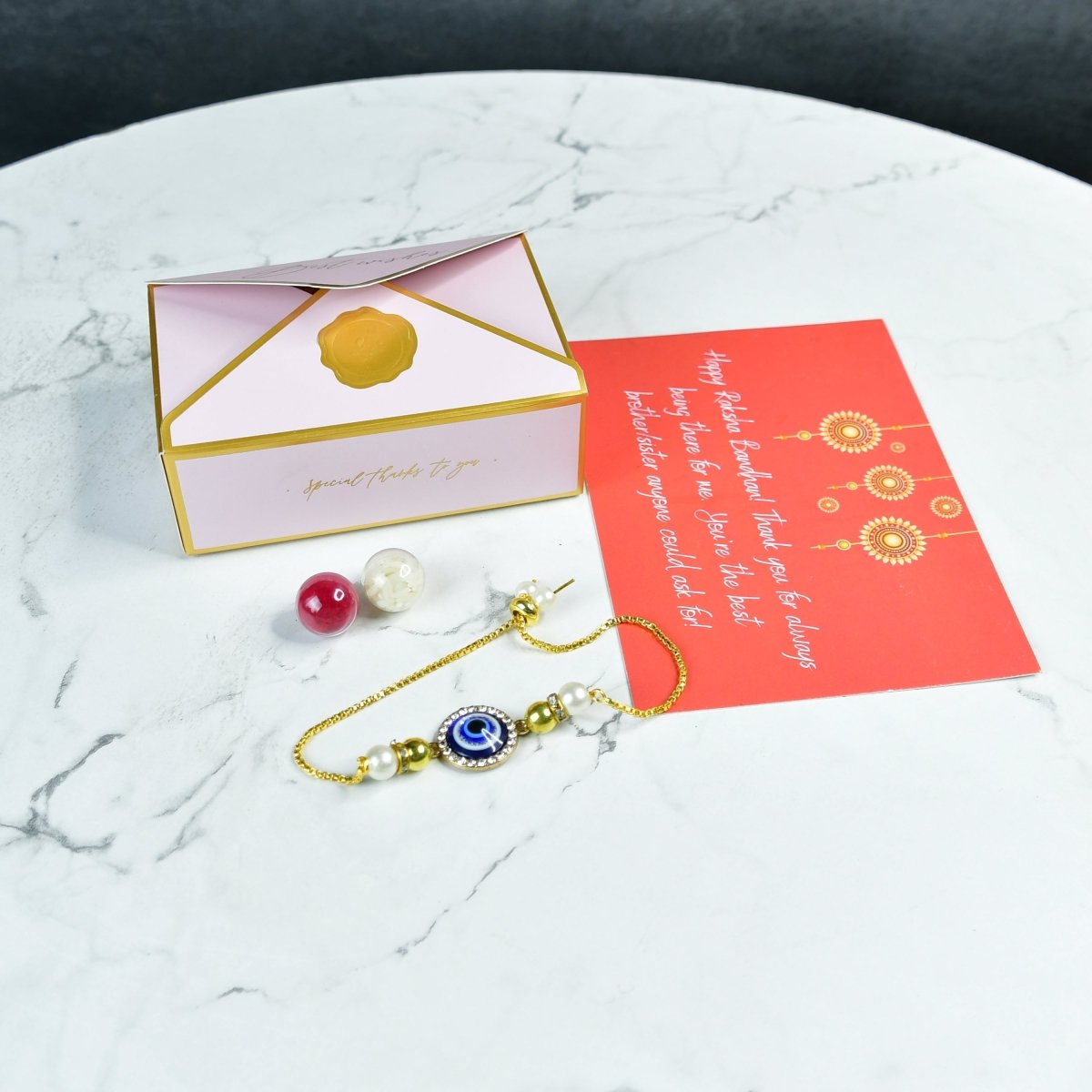 Sowpeace Exquisite Evil Eye Rakhi Pack of 2 with Roli Chawal and Greeting card combo for Raksha Bandhan and Gifting