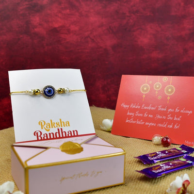 Sowpeace Exquisite Evil Eye Rakhi Pack of 2 with Roli Chawal and Greeting card combo for Raksha Bandhan and Gifting