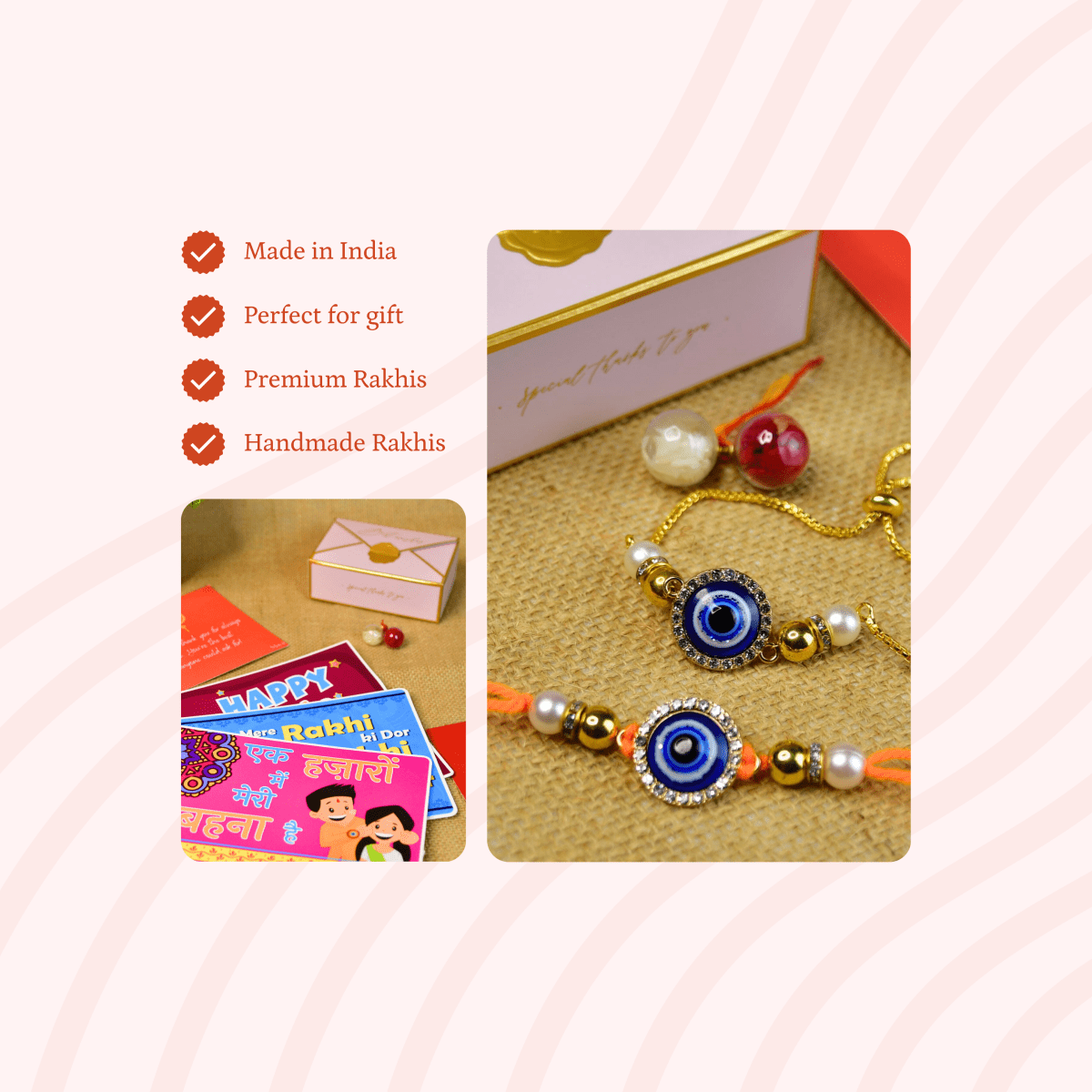 Sowpeace Exquisite Evil Eye Rakhi Pack of 2 with Roli Chawal and Greeting card combo for Raksha Bandhan and Gifting