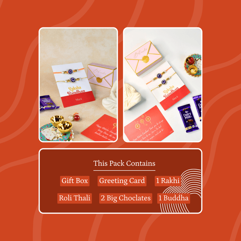 Sowpeace Exquisite Evil Eye Rakhi Pack of 2 with Roli Chawal and Greeting card combo for Raksha Bandhan and Gifting – view 9