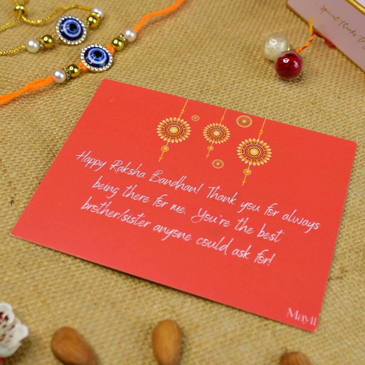 Sowpeace Exquisite Evil Eye Rakhi Pack of 2 with Roli Chawal and Greeting card combo for Raksha Bandhan and Gifting - Sowpeace - 