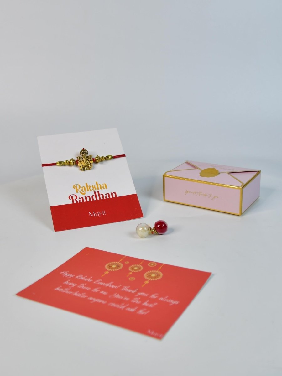 Sowpeace Exquisite Golden Ganesha Rakhi Pack of 1 with Roli Chawal and Greeting card combo for Raksha Bandhan and Gifting