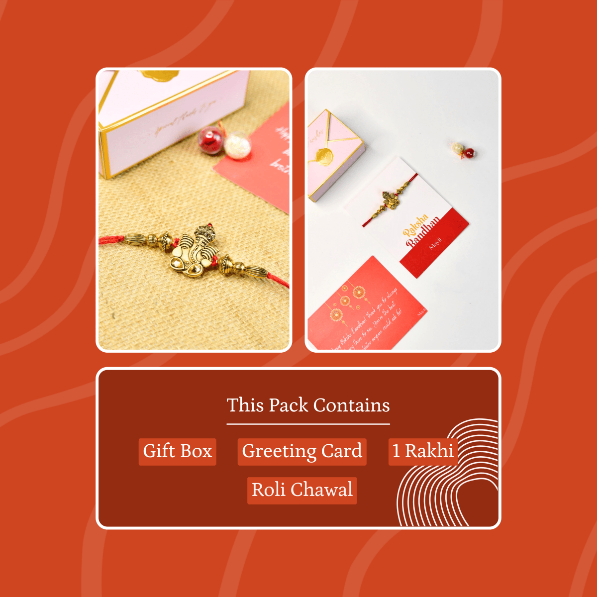 Sowpeace Exquisite Golden Ganesha Rakhi Pack of 1 with Roli Chawal and Greeting card combo for Raksha Bandhan and Gifting