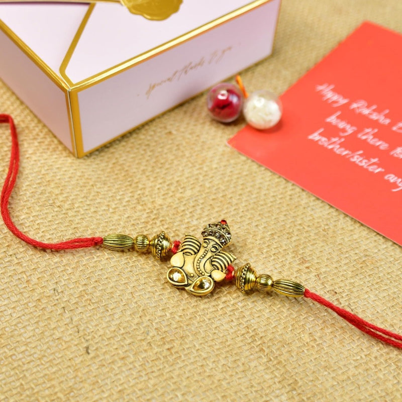Sowpeace Exquisite Golden Ganesha Rakhi Pack of 1 with Roli Chawal and Greeting card combo for Raksha Bandhan and Gifting – view 10
