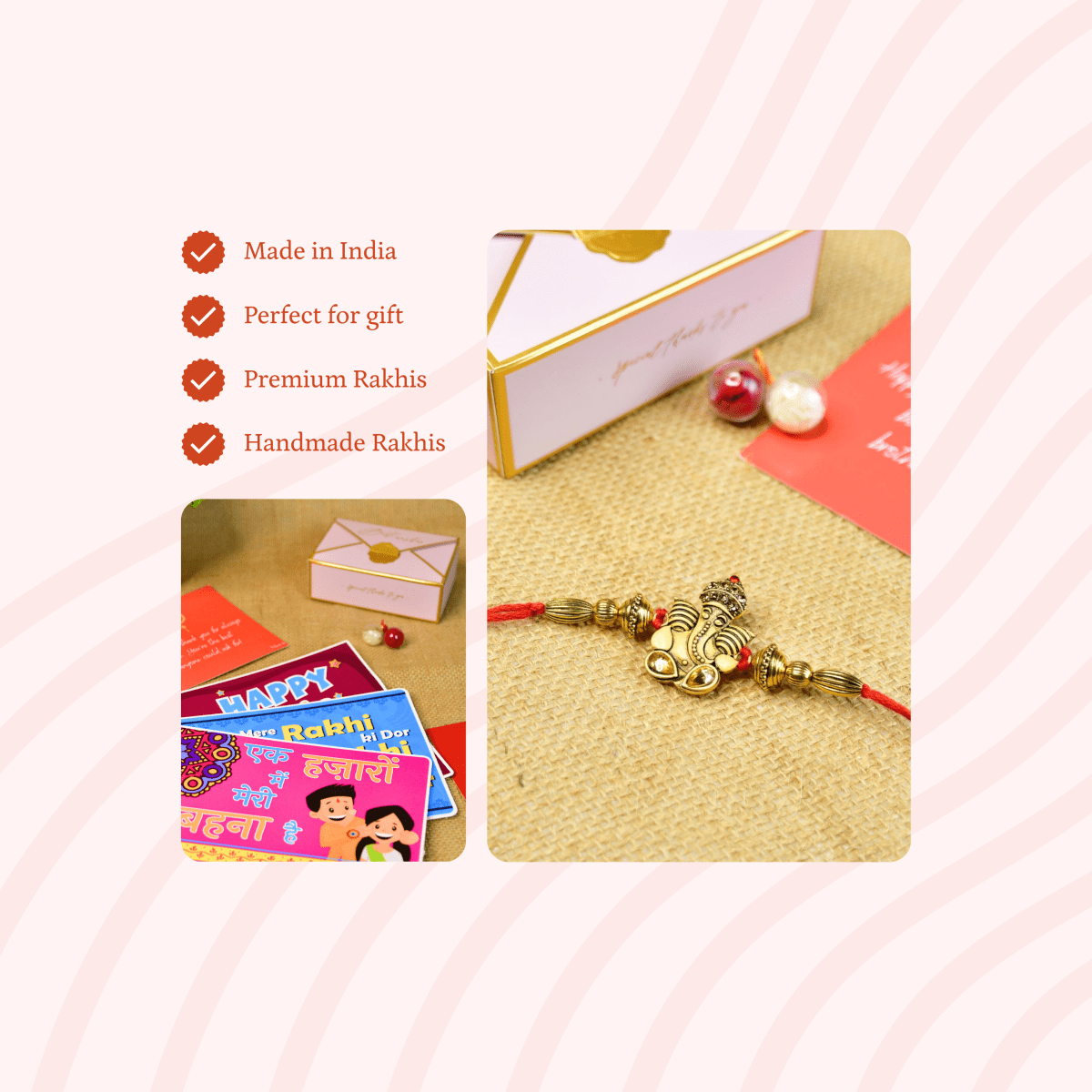 Sowpeace Exquisite Golden Ganesha Rakhi Pack of 1 with Roli Chawal and Greeting card combo for Raksha Bandhan and Gifting - Sowpeace - 