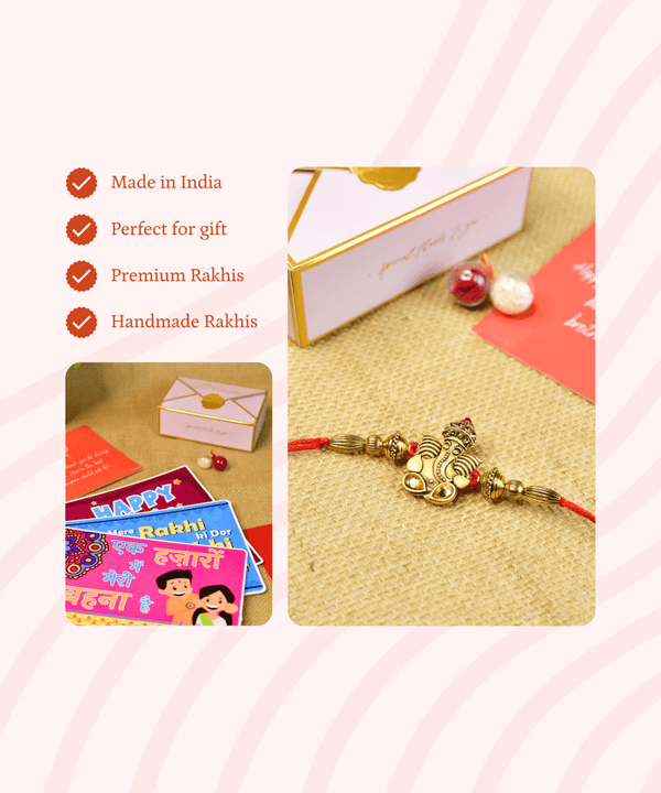 Sowpeace Exquisite Golden Ganesha Rakhi Pack of 1 with Roli Chawal and Greeting card combo for Raksha Bandhan and Gifting — image 9