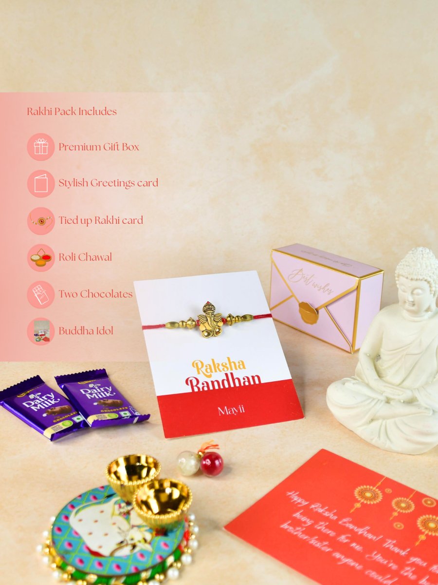 Sowpeace Exquisite Golden Ganesha Rakhi Pack of 1 with Roli Chawal Thali, Chocolates, Buddha and Greeting card combo for Raksha Bandhan and Gifting