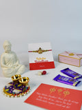 Sowpeace Exquisite Golden Ganesha Rakhi Pack of 1 with Roli Chawal Thali, Chocolates, Buddha and Greeting card combo for Raksha Bandhan and Gifting - Rakhi - Sowpeace - Default Title - RAK - GNS - HND - P4 - Sowpeace