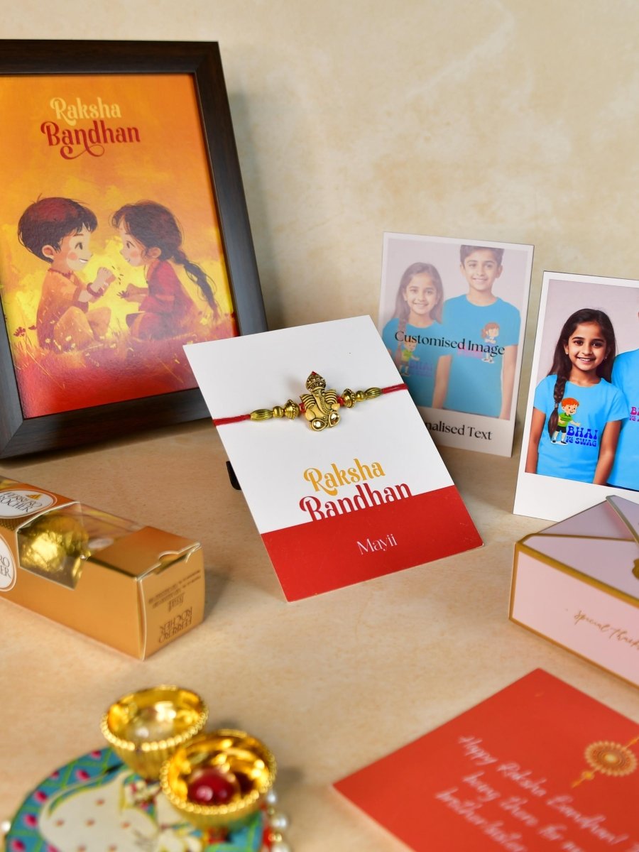 Sowpeace Exquisite Golden Ganesha Rakhi Pack of 1 with Roli Chawal Thali, Chocolates, Photo Frame, Poloroids and Greeting card combo for Raksha Bandhan and Gifting