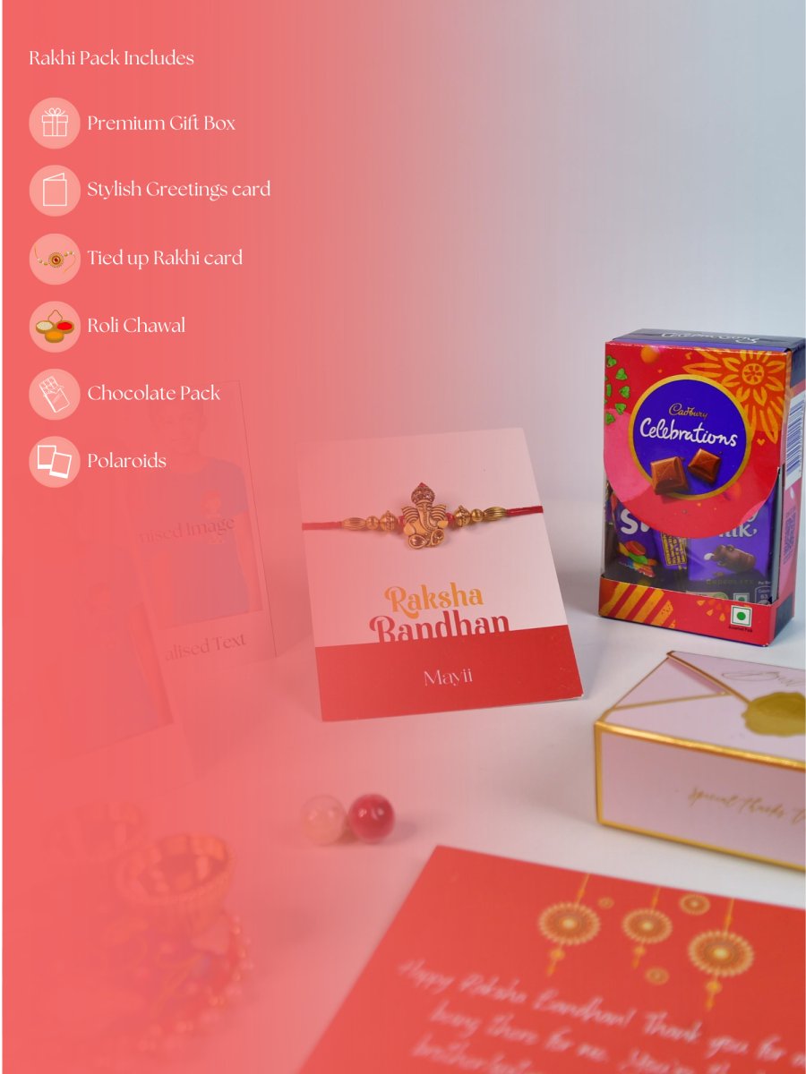 Sowpeace Exquisite Golden Ganesha Rakhi Pack of 1 with Roli Chawal Thali, Chocolates, Poloroids and Greeting card combo for Raksha Bandhan and Gifting - Rakhi - Sowpeace - Sowpeace Exquisite Golden Ganesha Rakhi Pack of 1 with Roli Chawal Thali, Chocolates, Poloroids and Greeting card combo for Raksha Bandhan and Gifting - RAK - GNS - HND - P5 - Sowpeace