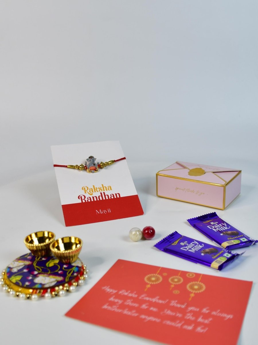 Sowpeace Exquisite Green Ganesha Rakhi Pack of 1 with Roli Chawal Thali, Chocolates, and Greeting card combo for Raksha Bandhan and Gifting