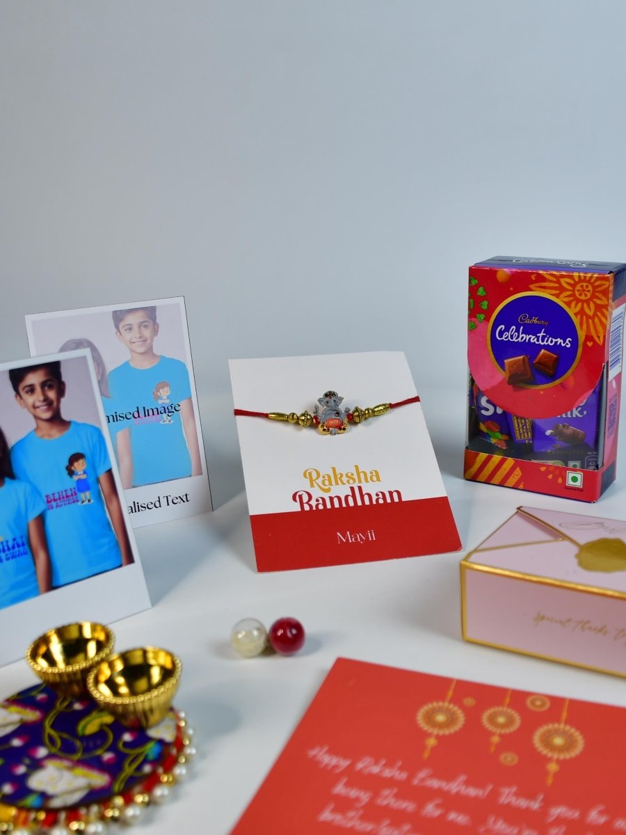 Sowpeace Exquisite Green Ganesha Rakhi Pack of 1 with Roli Chawal Thali, Chocolates, Buddha and Greeting card combo for Raksha Bandhan and Gifting