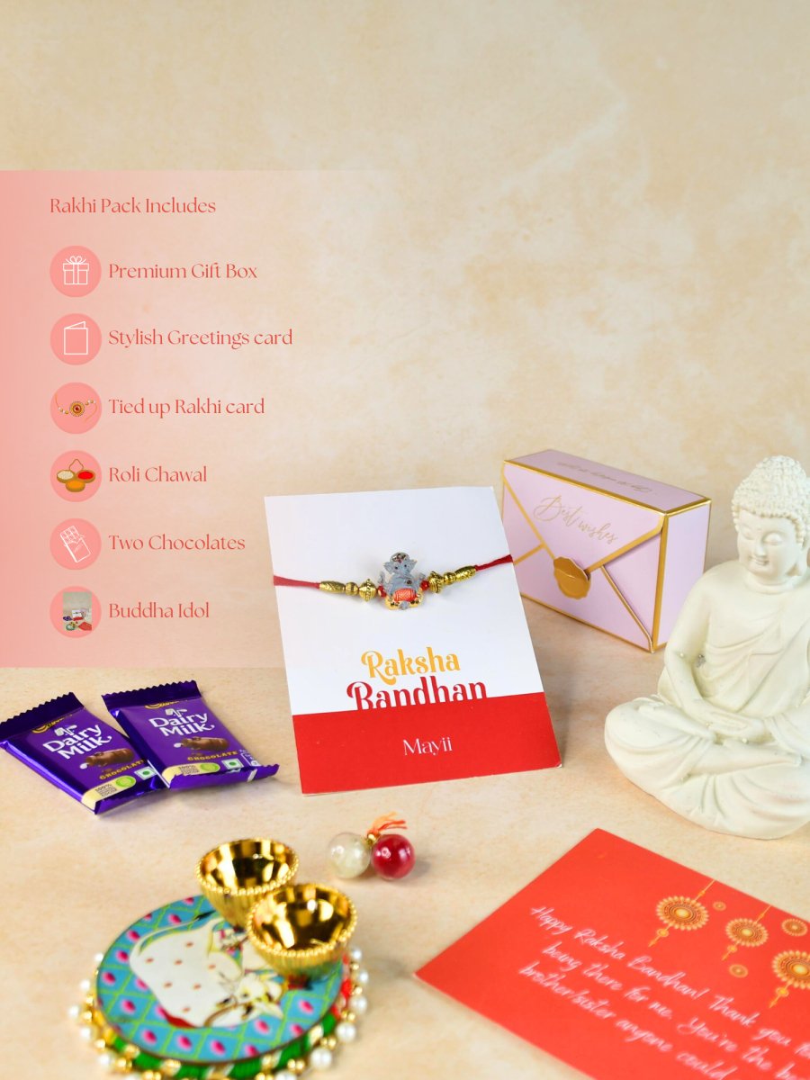 Sowpeace Exquisite Green Ganesha Rakhi Pack of 1 with Roli Chawal Thali, Chocolates, Buddha and Greeting card combo for Raksha Bandhan and Gifting