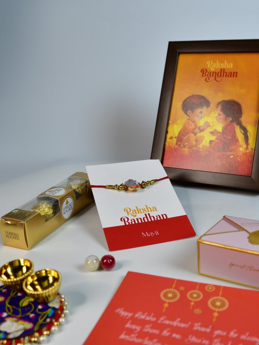 Sowpeace Exquisite Green Ganesha Rakhi Pack of 1 with Roli Chawal Thali, Chocolates, Photo Frame and Greeting card combo for Raksha Bandhan and Gifting - Sowpeace - Default Title - RAK - GNS - HND - PG6 - Sowpeace