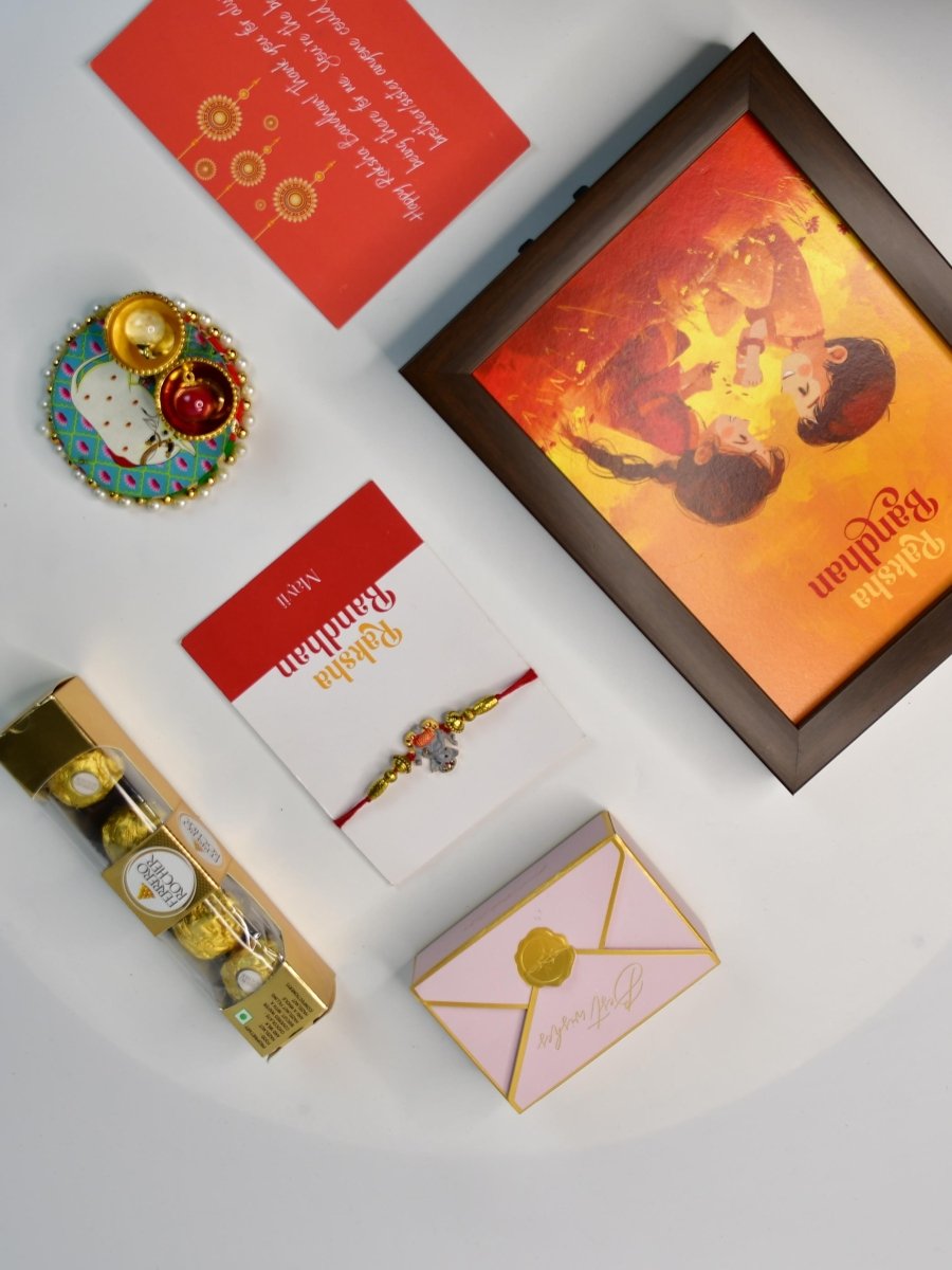 Sowpeace Exquisite Green Ganesha Rakhi Pack of 1 with Roli Chawal Thali, Chocolates, Photo Frame and Greeting card combo for Raksha Bandhan and Gifting