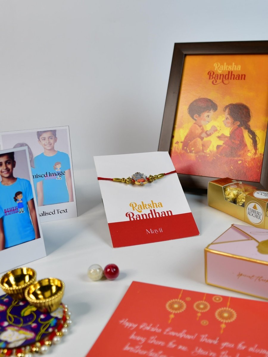 Sowpeace Exquisite Green Ganesha Rakhi Pack of 1 with Roli Chawal Thali, Chocolates, Photo Frame, Poloroids and Greeting card combo for Raksha Bandhan and Gifting