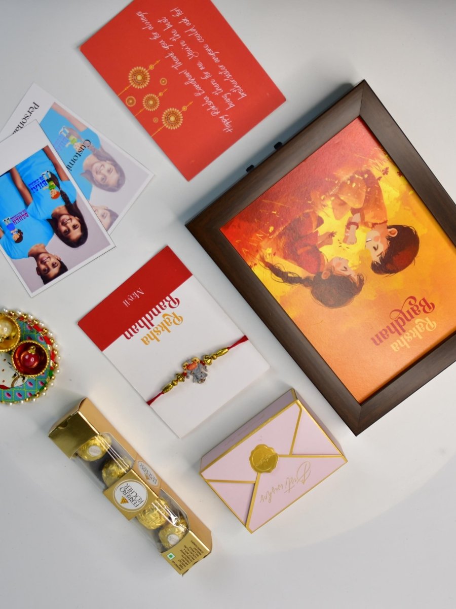 Sowpeace Exquisite Green Ganesha Rakhi Pack of 1 with Roli Chawal Thali, Chocolates, Photo Frame, Poloroids and Greeting card combo for Raksha Bandhan and Gifting