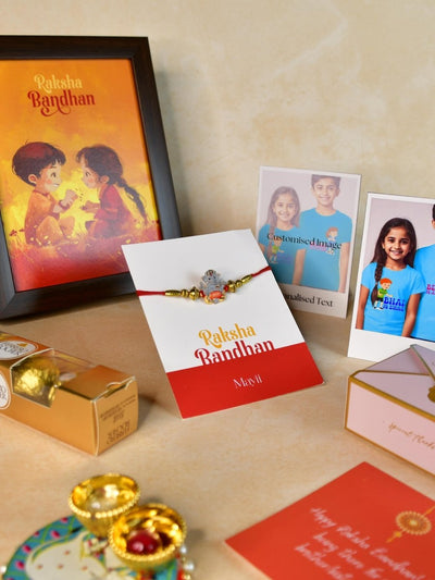 Sowpeace Exquisite Green Ganesha Rakhi Pack of 1 with Roli Chawal Thali, Chocolates, Photo Frame, Poloroids and Greeting card combo for Raksha Bandhan and Gifting