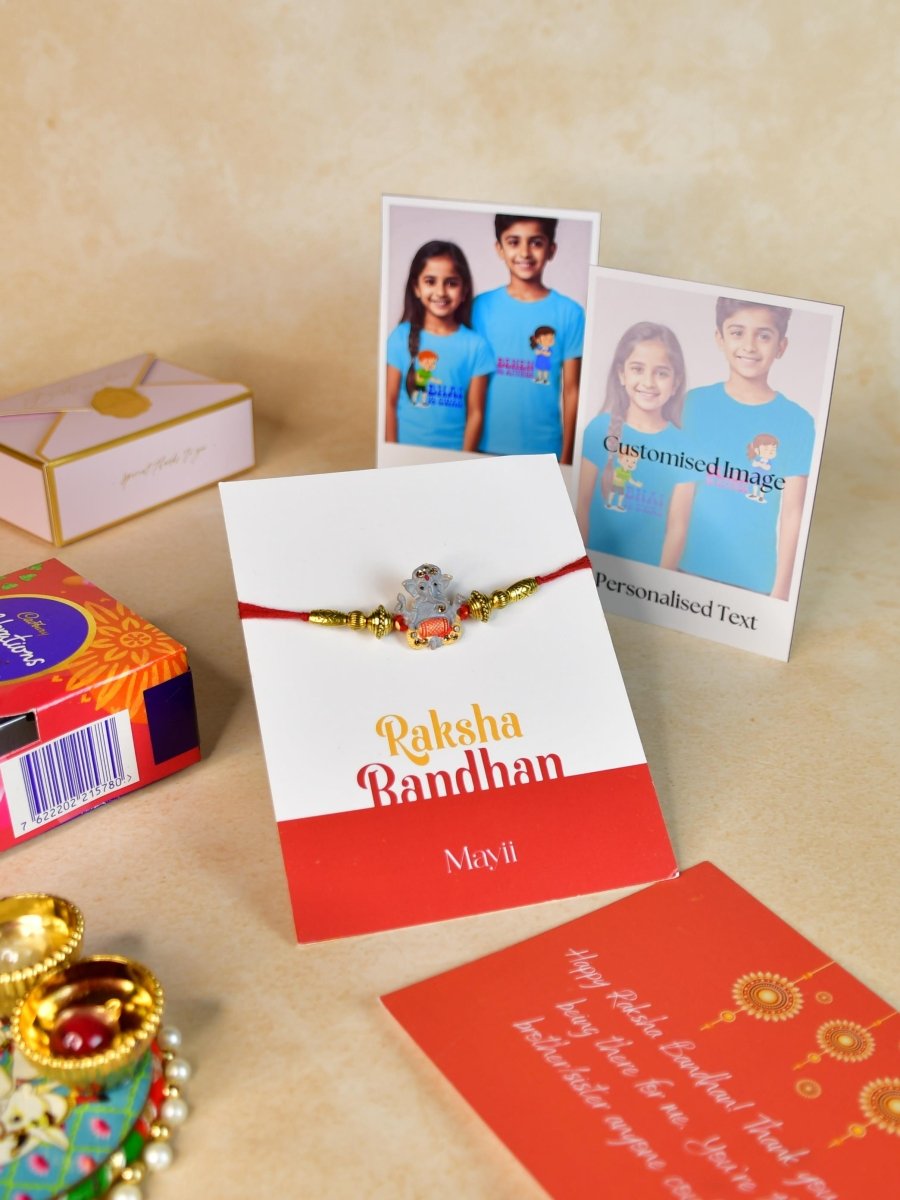 Sowpeace Exquisite Green Ganesha Rakhi Pack of 1 with Roli Chawal Thali, Chocolates, Poloroids and Greeting card combo for Raksha Bandhan and Gifting