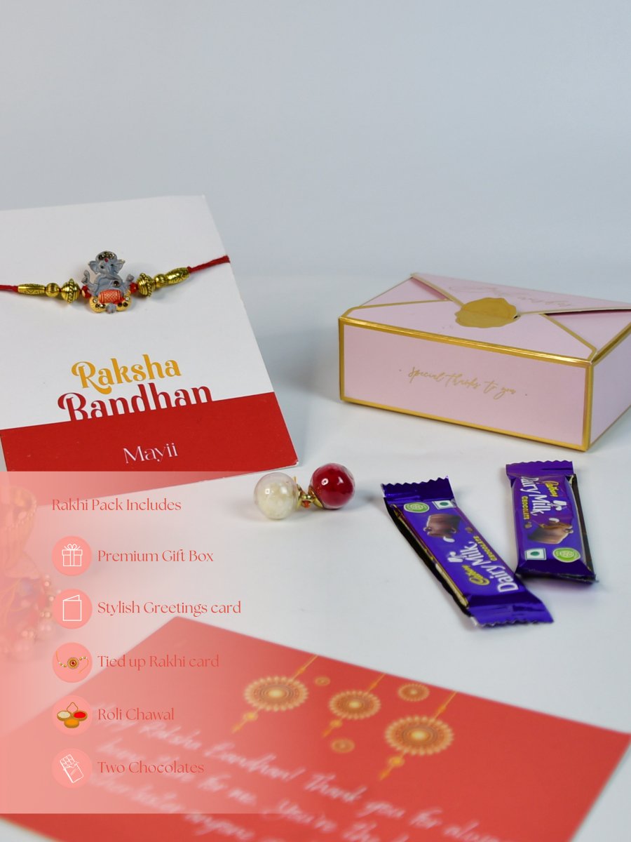 Sowpeace Exquisite Green Ganesha Rakhi Pack of 1 with Roli Chawal Thali, two Chocolates, and Greeting card combo for Raksha Bandhan and Gifting