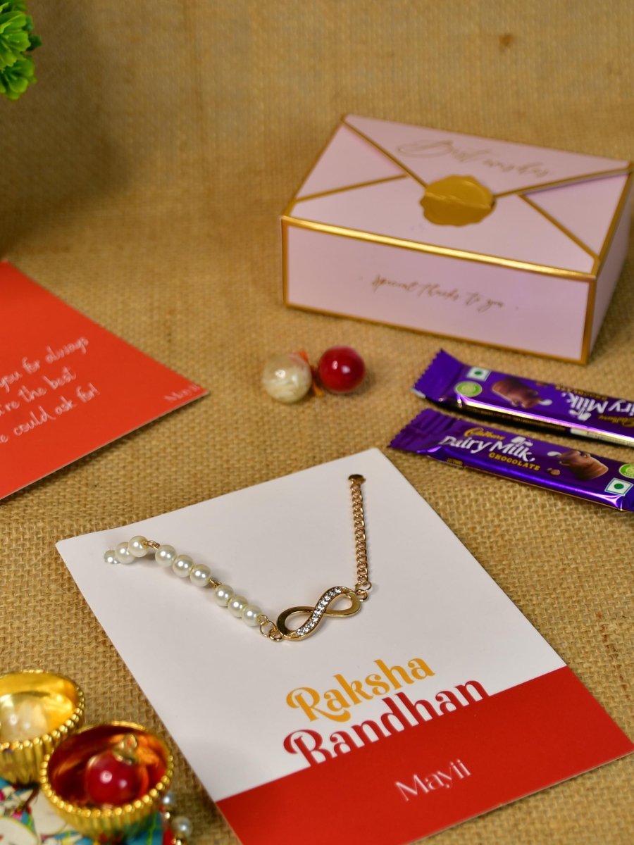 Sowpeace Exquisite Infinite Rakhi Pack of 1 with Roli Chawal Thali, Chocolates, and Greeting card combo for Raksha Bandhan and Gifting