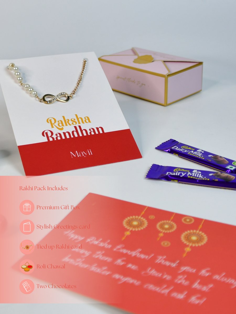 Sowpeace Exquisite Infinite Rakhi Pack of 1 with Roli Chawal Thali, Chocolates, and Greeting card combo for Raksha Bandhan and Gifting - Rakhi - Sowpeace - Sowpeace Exquisite Infinite Rakhi Pack of 1 with Roli Chawal Thali, Chocolates, and Greeting card combo for Raksha Bandhan and Gifting - RAK - INF - HND - P3 - Sowpeace