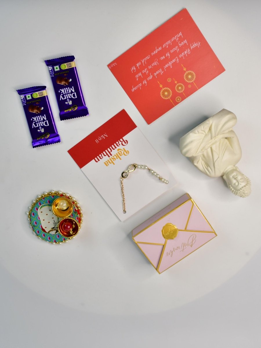 Sowpeace Exquisite Infinite Rakhi Pack of 1 with Roli Chawal Thali, Chocolates, Buddha and Greeting card combo for Raksha Bandhan and Gifting