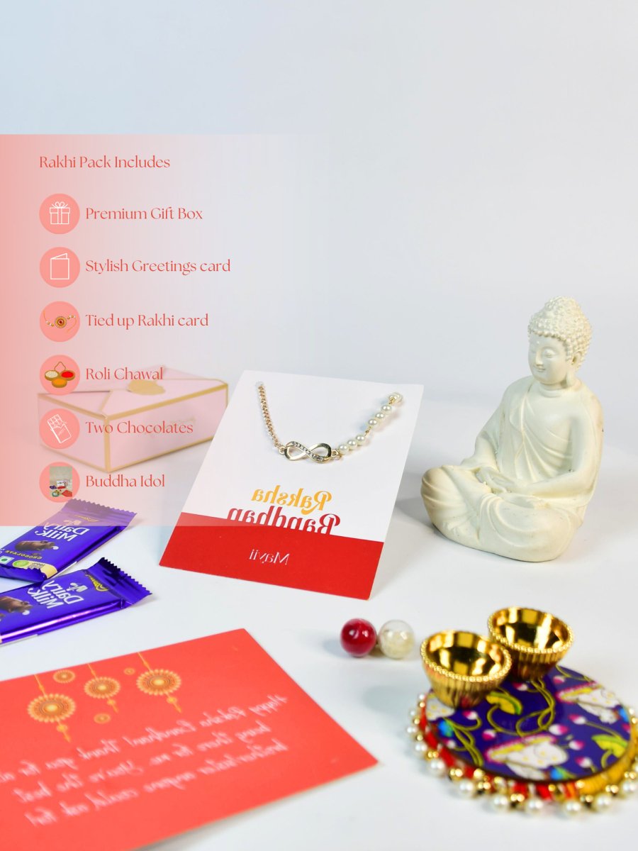 Sowpeace Exquisite Infinite Rakhi Pack of 1 with Roli Chawal Thali, Chocolates, Buddha and Greeting card combo for Raksha Bandhan and Gifting