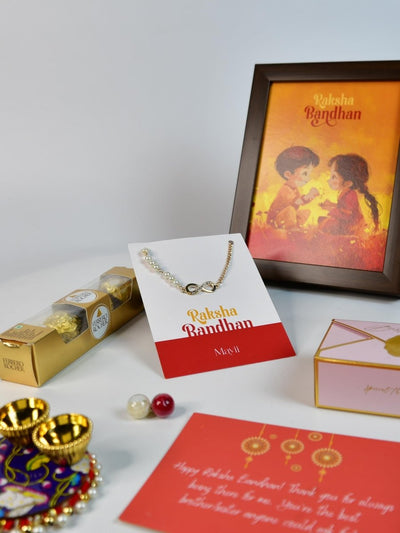 Sowpeace Exquisite Infinite Rakhi Pack of 1 with Roli Chawal Thali, Chocolates, Photo Frame and Greeting card combo for Raksha Bandhan and Gifting