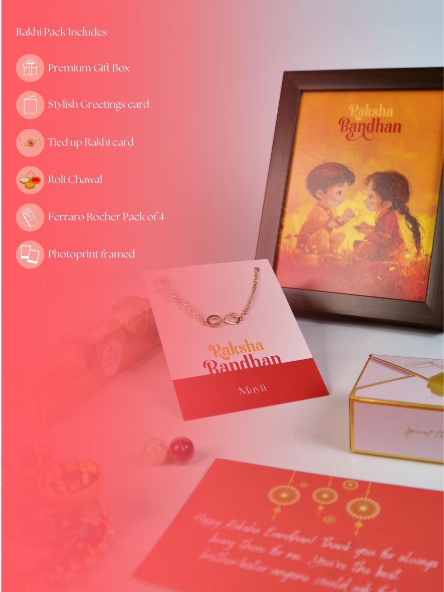 Sowpeace Exquisite Infinite Rakhi Pack of 1 with Roli Chawal Thali, Chocolates, Photo Frame and Greeting card combo for Raksha Bandhan and Gifting