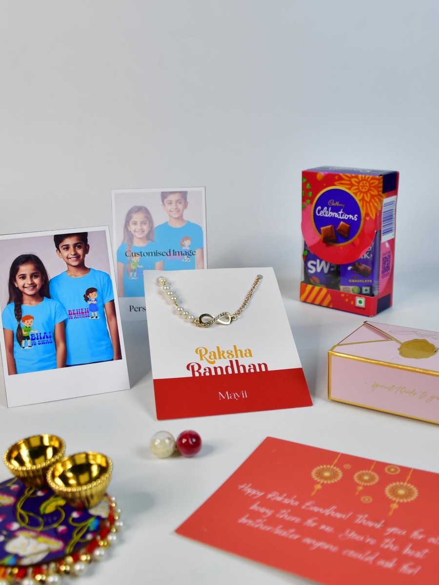 Sowpeace Exquisite Infinite Rakhi Pack of 1 with Roli Chawal Thali, Chocolates, Poloroids and Greeting card combo for Raksha Bandhan and Gifting - Rakhi - Sowpeace - Default Title - RAK - INF - HND - P5 - Sowpeace