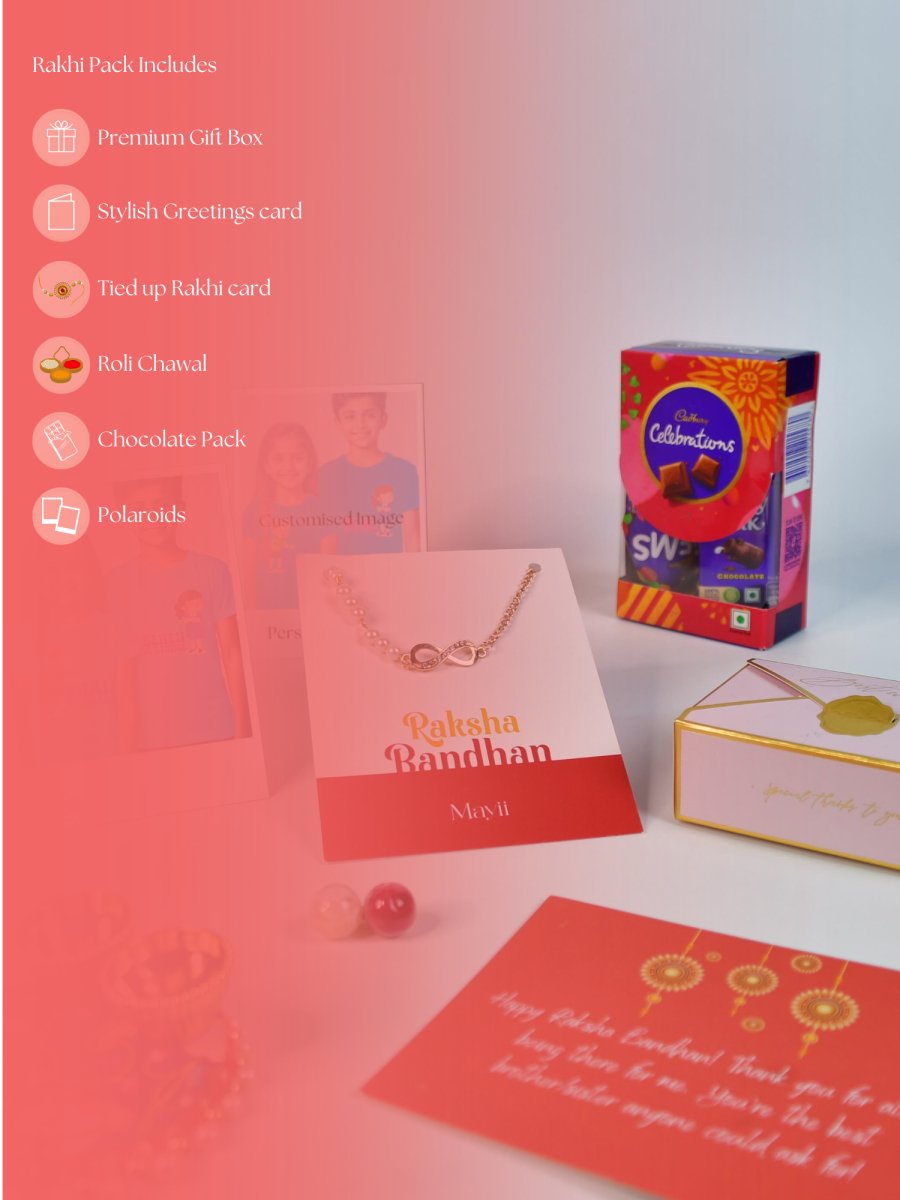 Sowpeace Exquisite Infinite Rakhi Pack of 1 with Roli Chawal Thali, Chocolates, Poloroids and Greeting card combo for Raksha Bandhan and Gifting