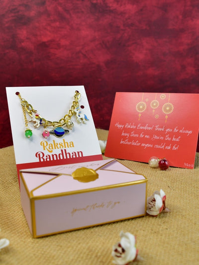 Sowpeace Exquisite Metal Abstract Rakhi Pack of 1 with Roli Chawal and Greeting card combo for Raksha Bandhan and Gifting