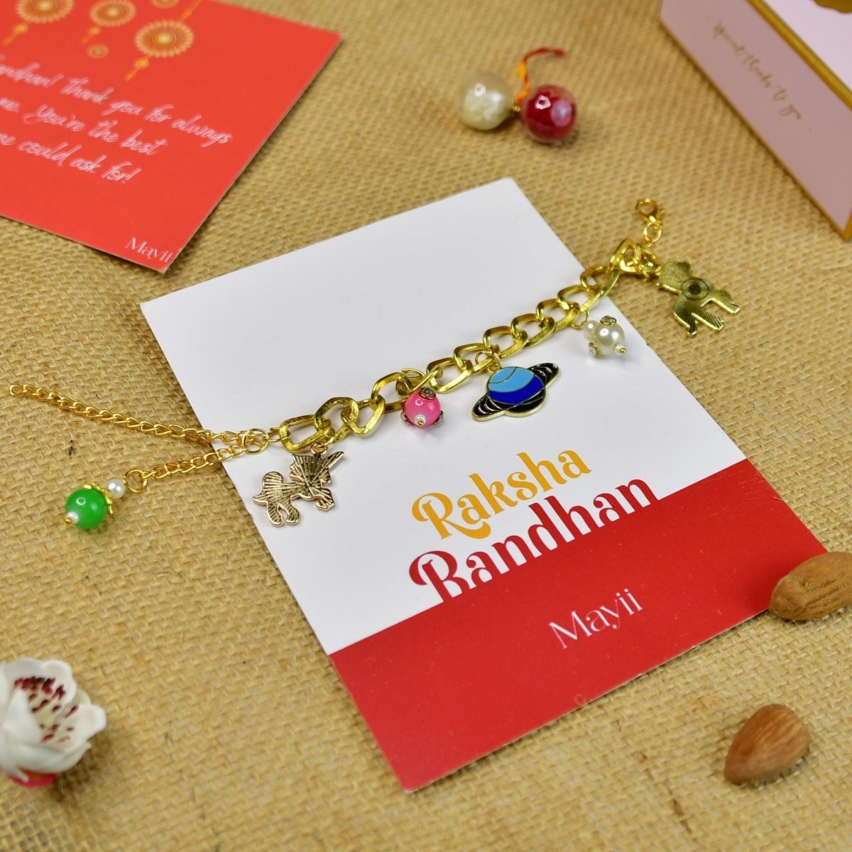 Sowpeace Exquisite Metal Abstract Rakhi Pack of 1 with Roli Chawal and Greeting card combo for Raksha Bandhan and Gifting - Sowpeace - 