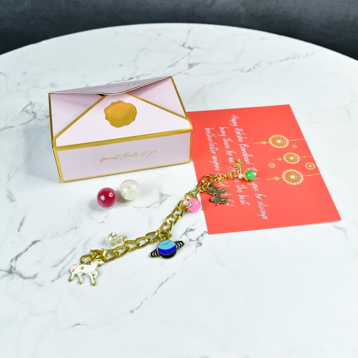 Sowpeace Exquisite Metal Abstract Rakhi Pack of 1 with Roli Chawal and Greeting card combo for Raksha Bandhan and Gifting