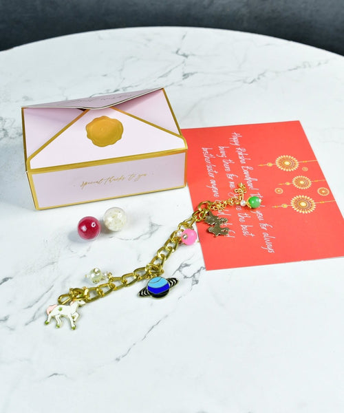 Sowpeace Exquisite Metal Abstract Rakhi Pack of 1 with Roli Chawal and Greeting card combo for Raksha Bandhan and Gifting