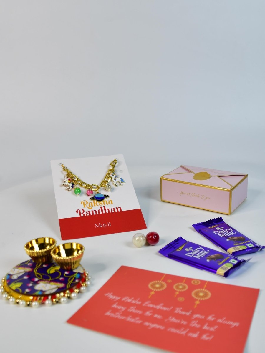 Sowpeace Exquisite Metal Abstract Rakhi Pack of 1 with Roli Chawal Thali, Chocolates, and Greeting card combo for Raksha Bandhan and Gifting - Rakhi - Sowpeace - Default Title - RAK - GLX - HND - P3 - Sowpeace