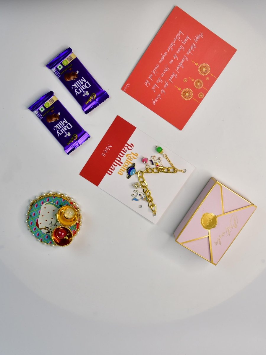 Sowpeace Exquisite Metal Abstract Rakhi Pack of 1 with Roli Chawal Thali, Chocolates, and Greeting card combo for Raksha Bandhan and Gifting