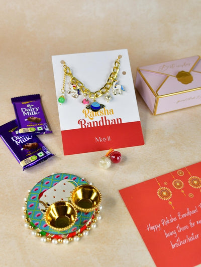 Sowpeace Exquisite Metal Abstract Rakhi Pack of 1 with Roli Chawal Thali, Chocolates, and Greeting card combo for Raksha Bandhan and Gifting