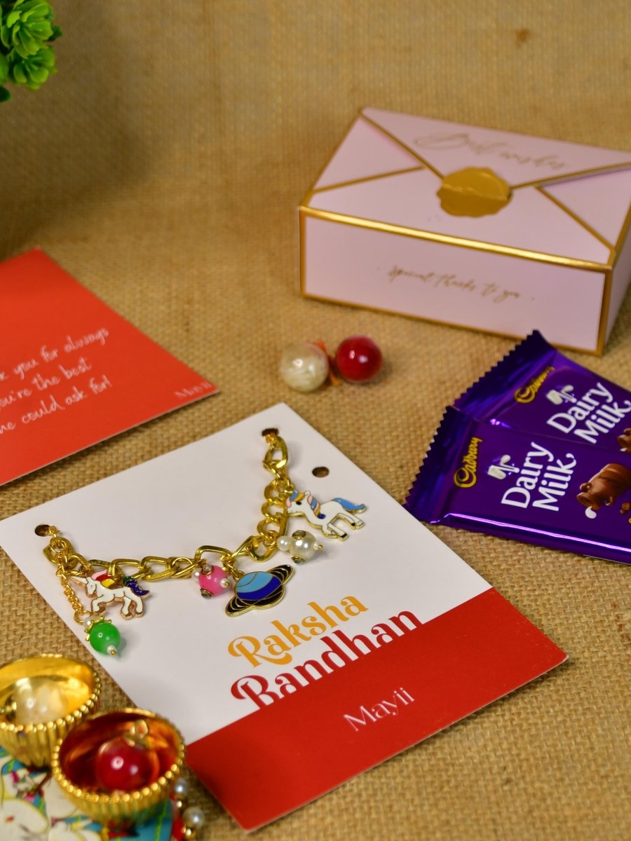 Sowpeace Exquisite Metal Abstract Rakhi Pack of 1 with Roli Chawal Thali, Chocolates, and Greeting card combo for Raksha Bandhan and Gifting - Rakhi - Sowpeace - Default Title - RAK - GLX - HND - P3 - Sowpeace