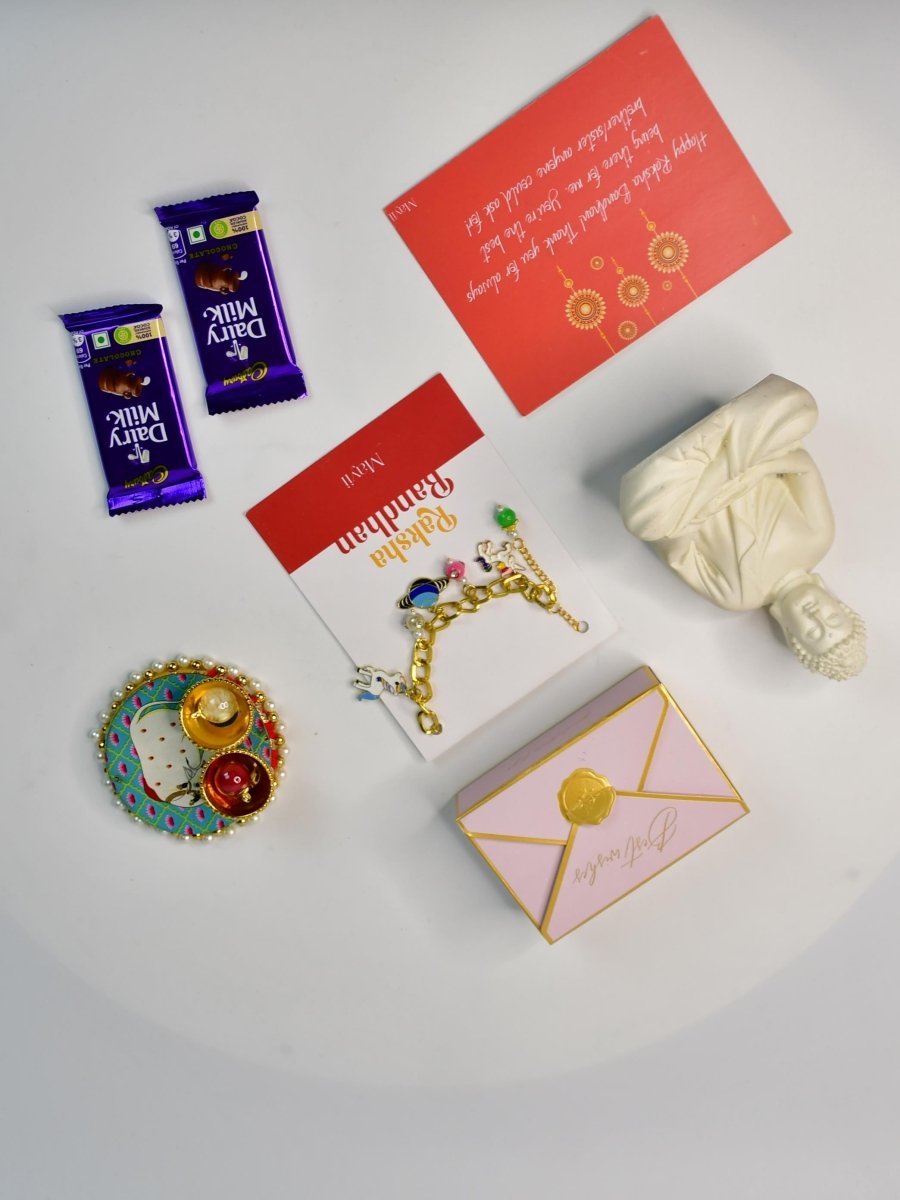 Sowpeace Exquisite Metal Abstract Rakhi Pack of 1 with Roli Chawal Thali, Chocolates, Buddha and Greeting card combo for Raksha Bandhan and Gifting