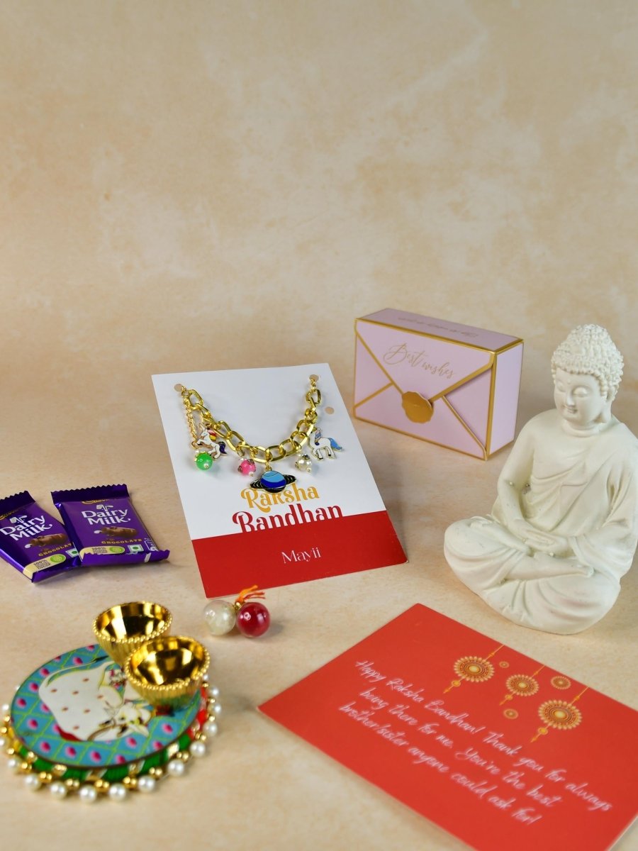 Sowpeace Exquisite Metal Abstract Rakhi Pack of 1 with Roli Chawal Thali, Chocolates, Buddha and Greeting card combo for Raksha Bandhan and Gifting - Rakhi - Sowpeace - Default Title - RAK - GLX - HND - P4 - Sowpeace