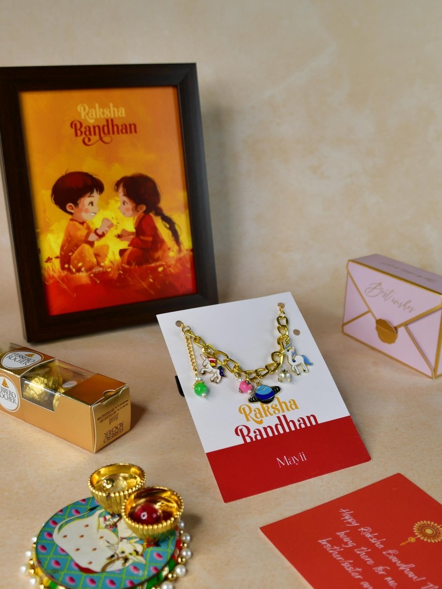 Sowpeace Exquisite Metal Abstract Rakhi Pack of 1 with Roli Chawal Thali, Chocolates, Photo Frame and Greeting card combo for Raksha Bandhan and Gifting