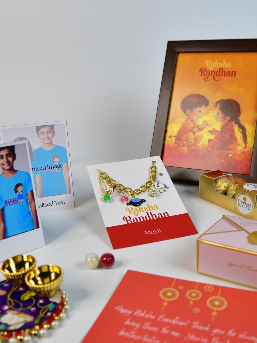 Sowpeace Exquisite Metal Abstract Rakhi Pack of 1 with Roli Chawal Thali, Chocolates, Photo Frame, Poloroids and Greeting card combo for Raksha Bandhan and Gifting