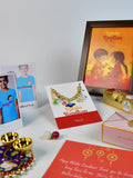 Sowpeace Exquisite Metal Abstract Rakhi Pack of 1 with Roli Chawal Thali, Chocolates, Photo Frame, Poloroids and Greeting card combo for Raksha Bandhan and Gifting - Rakhi - Sowpeace - Default Title - RAK - GLX - HND - P7 - Sowpeace