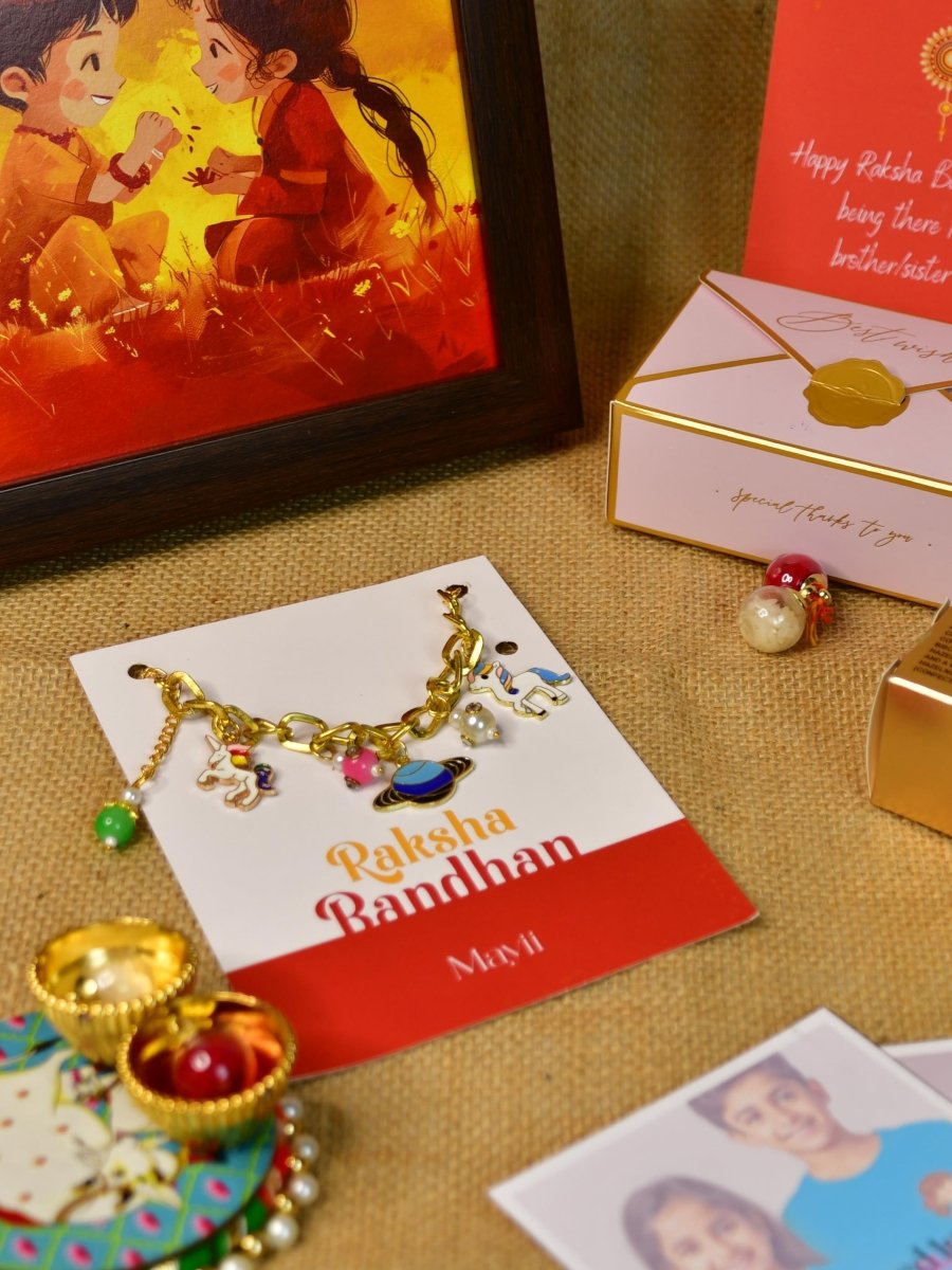 Sowpeace Exquisite Metal Abstract Rakhi Pack of 1 with Roli Chawal Thali, Chocolates, Photo Frame, Poloroids and Greeting card combo for Raksha Bandhan and Gifting